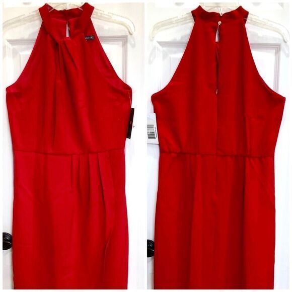 JULIA JORDAN - NWT - L Sz 8 Knot Neck Tulip Hem Midi Dress in Red Scuba Crepe ♥️ - Picture 2 of 16